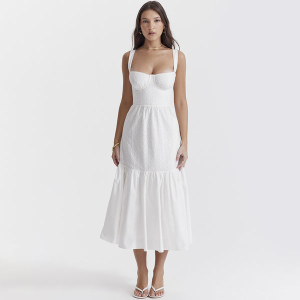 Sexy Cami Cotton Linen Jacquard Midi Dress S / White - ENCHANTE VOGUE