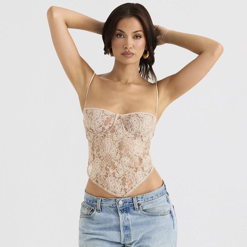 Lace Sling Slim Fit Backless Cropped Top XS / Lvory - ENCHANTE VOGUE