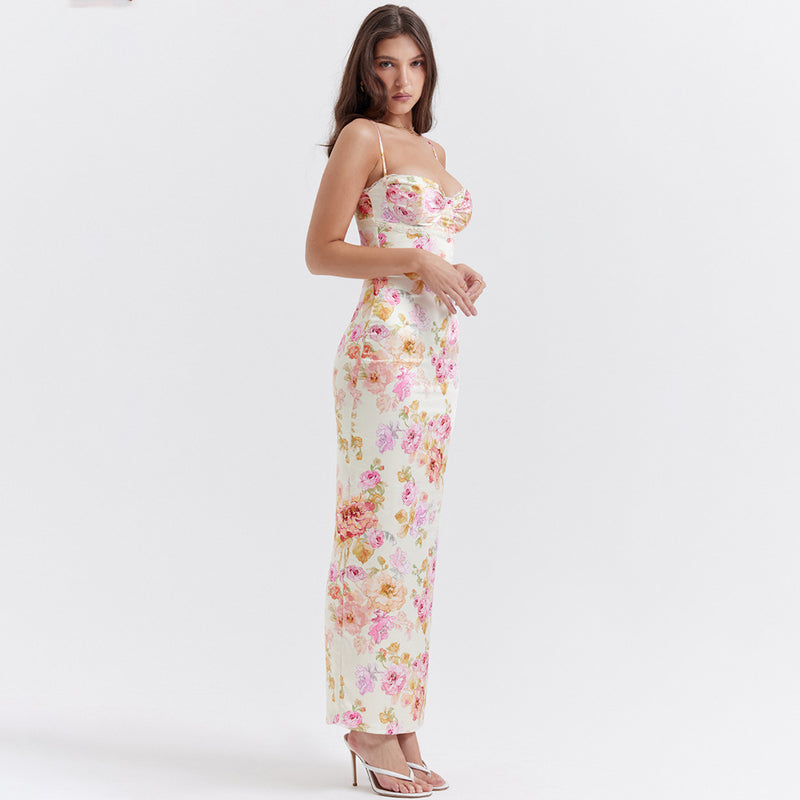 Printed Strap Slit Floral Maxi Dress XS / Ivory - ENCHANTE VOGUE