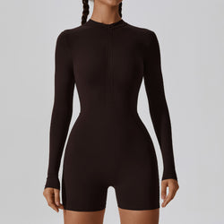 Open Collar Long-Sleeve Zipper One-Piece Romper S / Dark Coffee - ENCHANTE VOGUE