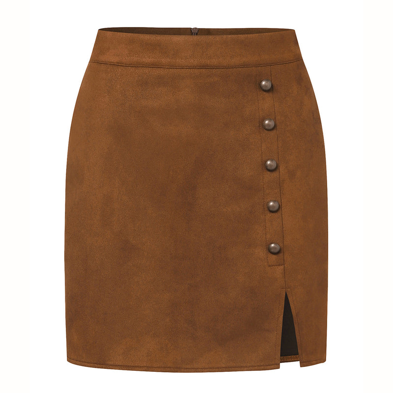 Suede High Waist Metal Buckle Hip Skirt S / Khaki - ENCHANTE VOGUE