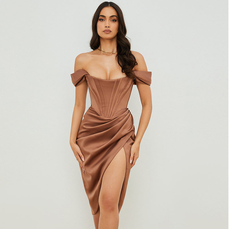 Off Shoulder Tube Top Slim Fit Slit Midi Dress S / Brown - ENCHANTE VOGUE