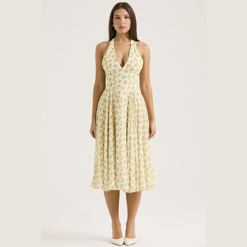 Deep V Floral Halter Midi Dress S / Yellow - ENCHANTE VOGUE