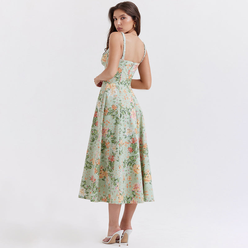 Floral Slip Slit Midi Dress XS / Green - ENCHANTE VOGUE