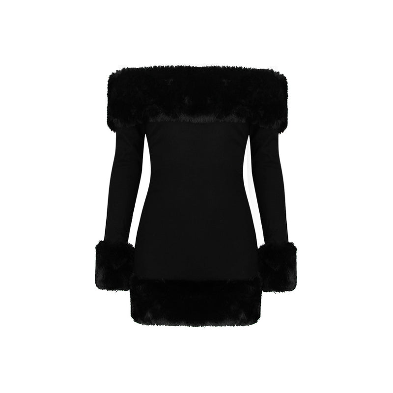 Black Plush Long Sleeve off Shoulder Fur Mini Dress XS / Black - ENCHANTE VOGUE