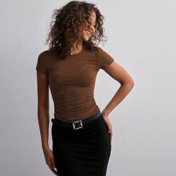 Round Neck Short Sleeve Top S / Brown - ENCHANTE VOGUE