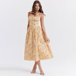 Square Collar Slim Fit Floral Midi Dress XS / Yellow - ENCHANTE VOGUE