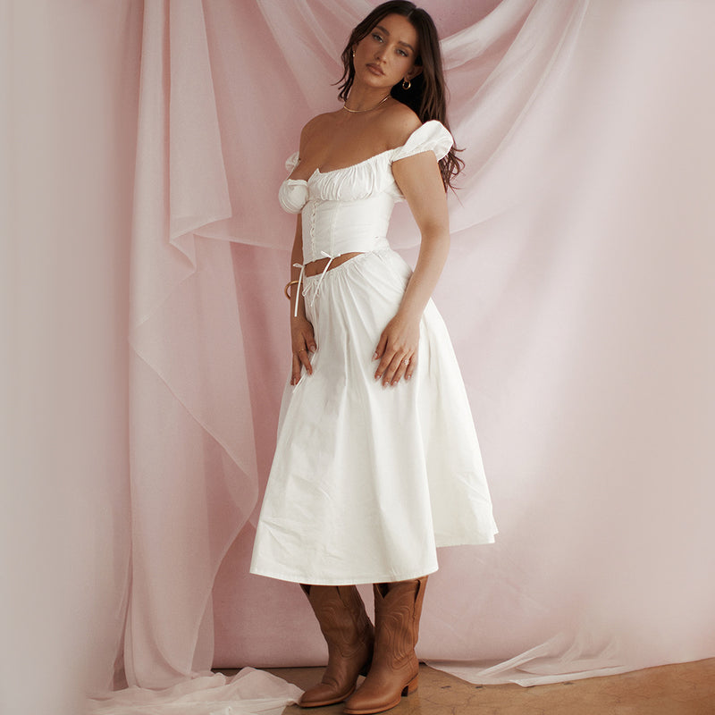 Square Collar Puff Sleeve Cropped Top Skirt Two Piece Set XS / White - ENCHANTE VOGUE