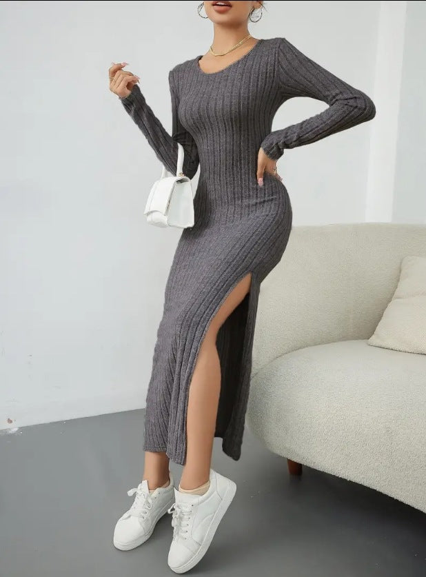 Long Sleeve Crew Neck Split Knitted Maxi Dress XS / Light Gray - ENCHANTE VOGUE