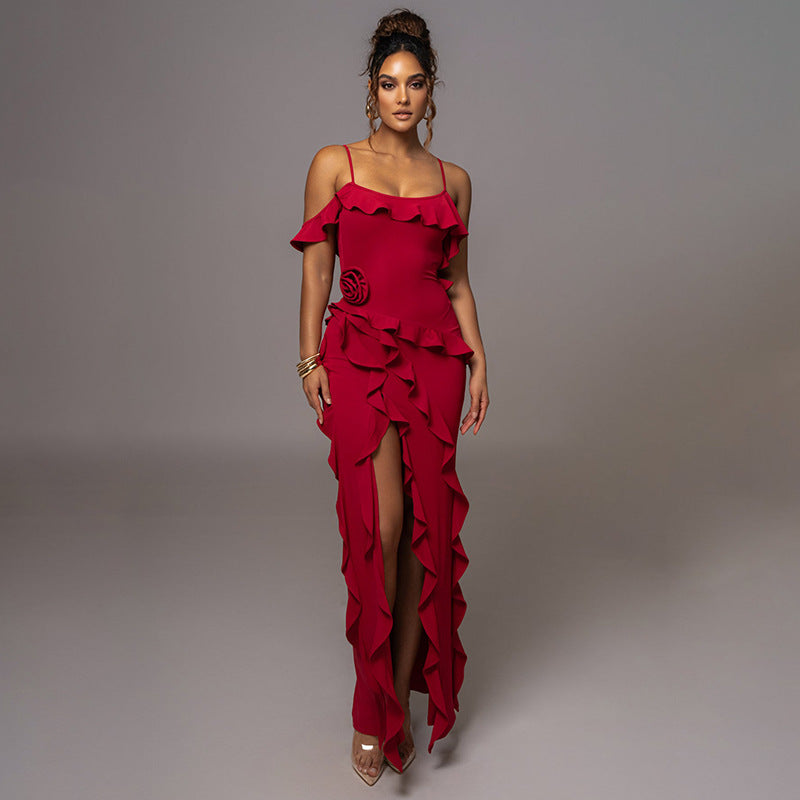 Sexy Slit Splicing Sling Maxi Dress S / Red - ENCHANTE VOGUE