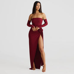 Oversleeve Tube Top Jumpsuit Slit Skirt Set S / Burgundy - ENCHANTE VOGUE