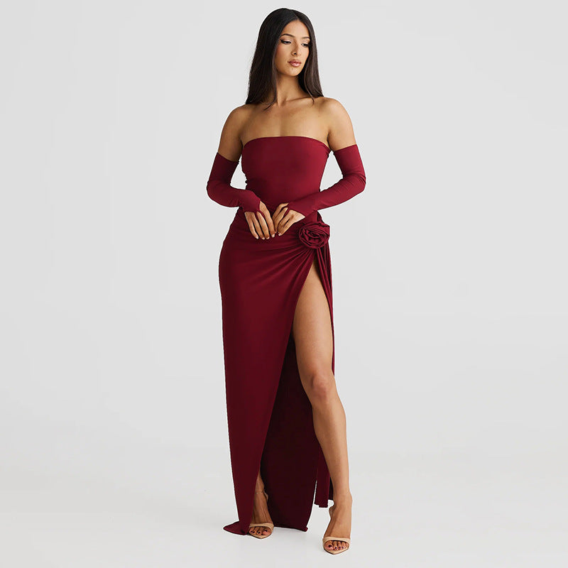 Oversleeve Tube Top Jumpsuit Slit Skirt Set S / Burgundy - ENCHANTE VOGUE