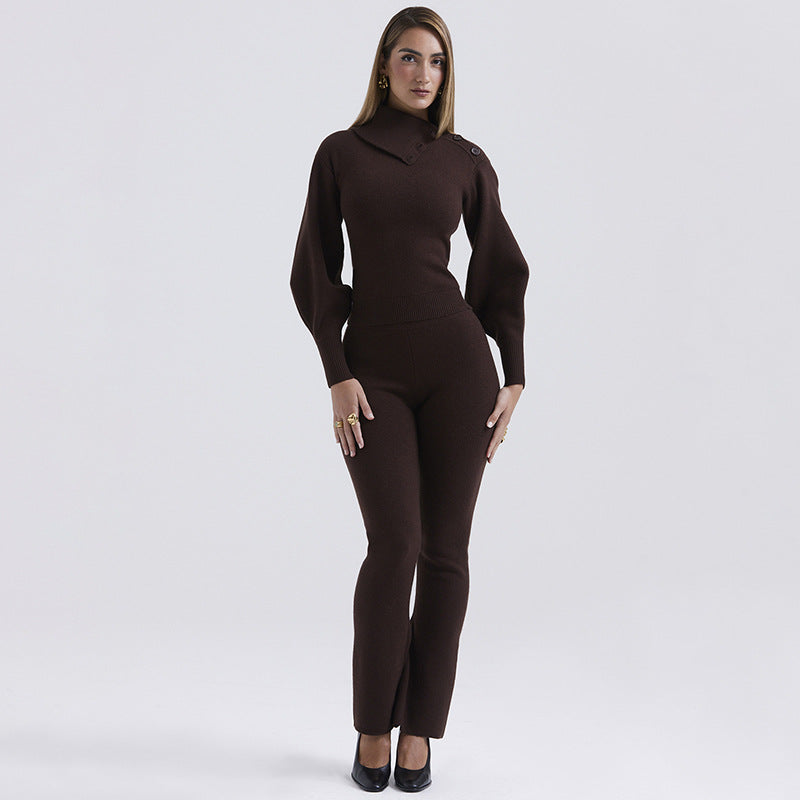 Long Sleeve Straight Leg Knitted Set S / Coffee - ENCHANTE VOGUE