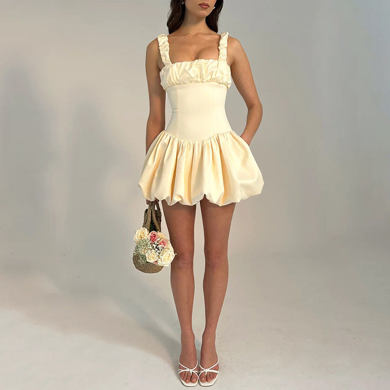 Elegant Square Collar Stitching Mini Dress S / Apricot - ENCHANTE VOGUE