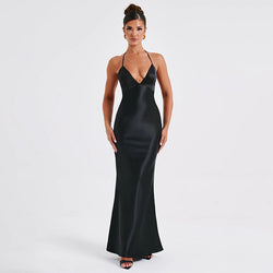 V neck Backless Long Slim Camisole Maxi Dress S / Black - ENCHANTE VOGUE