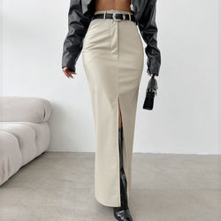 Elegant Fleece Lined High Waist Slit Leather Skirt S / Ivory - ENCHANTE VOGUE