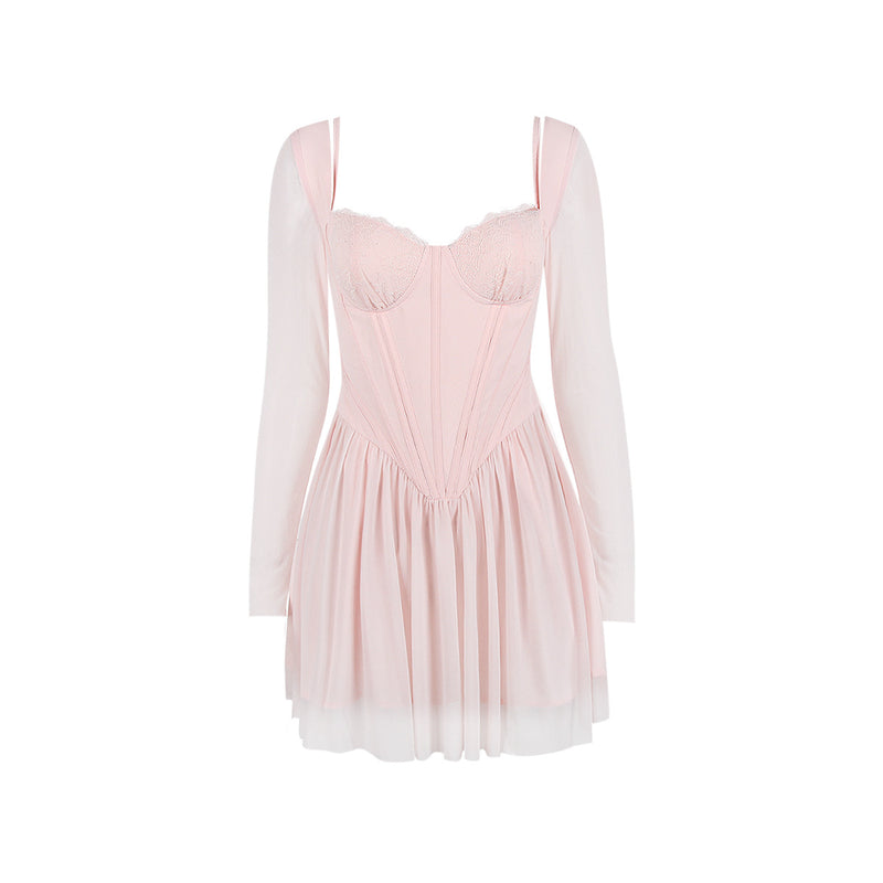 Mesh Long Sleeve Stitching Corset Mini Dress XS / Pink - ENCHANTE VOGUE