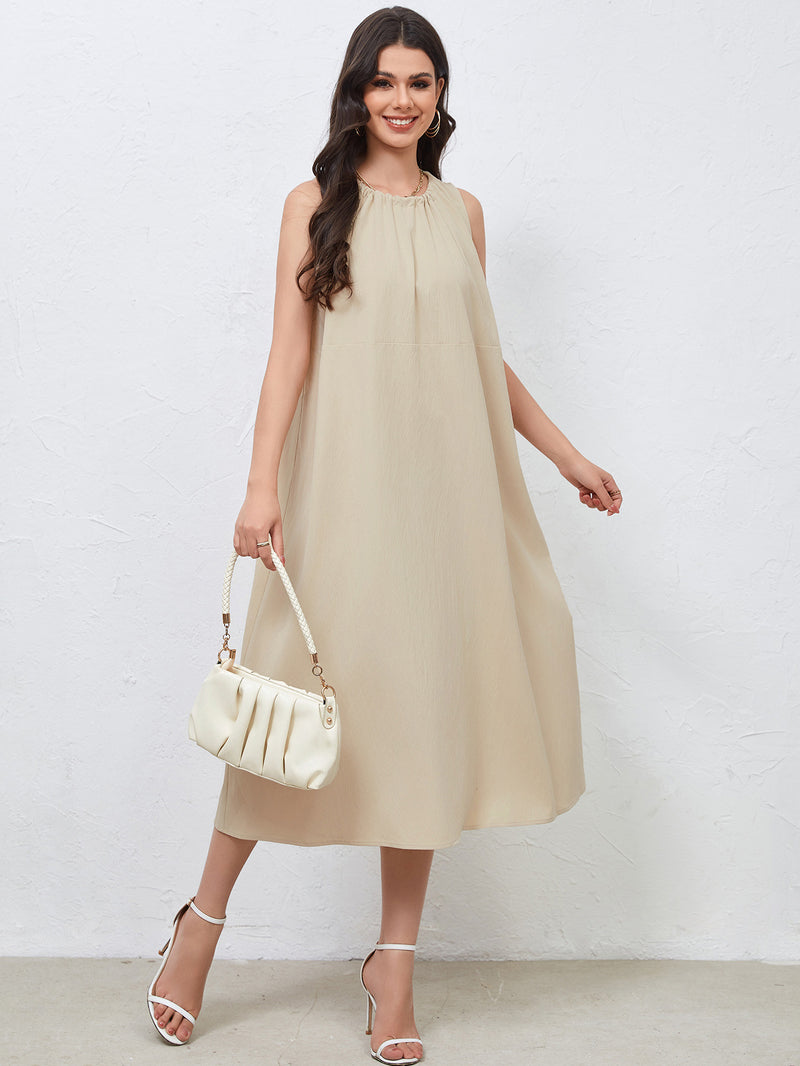 Casual Elegant Waist Belt Slimming Midi Dress S / Apricot - ENCHANTE VOGUE