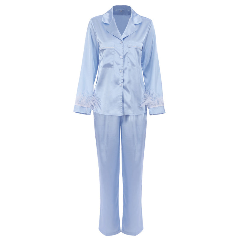 Feather Detachable Long Sleeve Silk Nightwear Set S / Blue long - ENCHANTE VOGUE