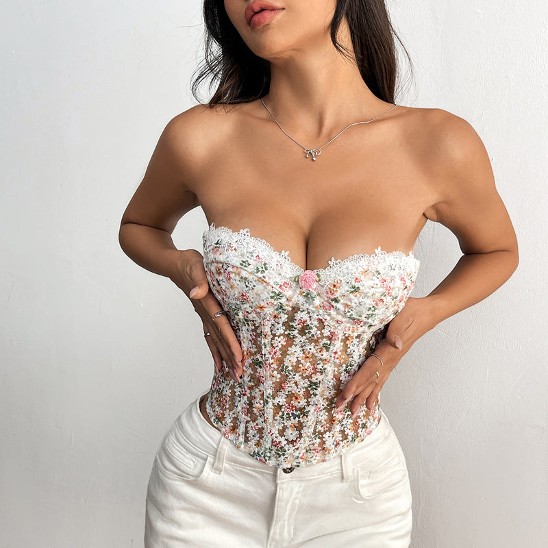 Floral Embroidered Corset See through Tube Top S / Multi - ENCHANTE VOGUE