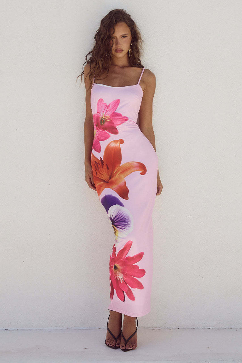 Sexy Strap Floral Print Slim Fit Maxi Dress S / Pink - ENCHANTE VOGUE