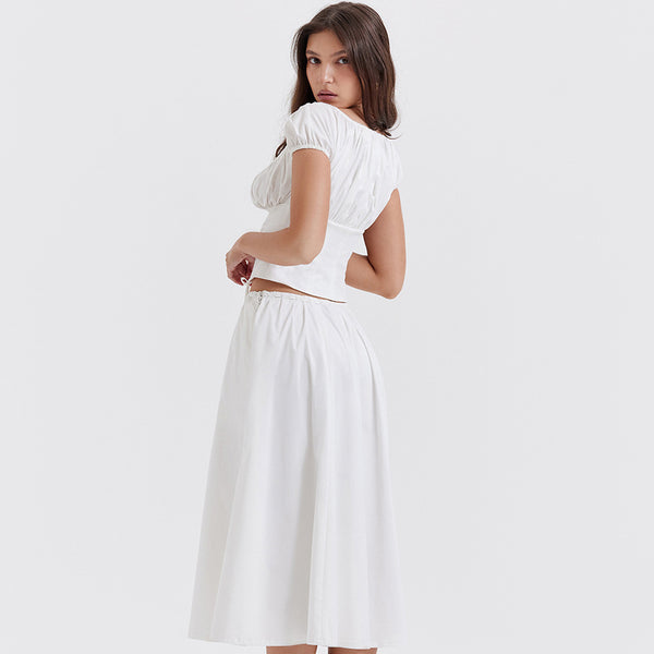 Square Collar Puff Sleeve Cropped Top Skirt Two Piece Set XS / White - ENCHANTE VOGUE