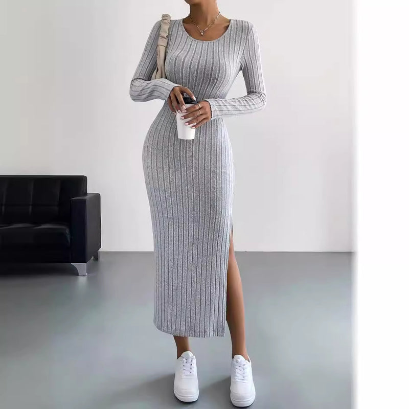 Long Sleeve Crew Neck Split Knitted Maxi Dress XS / Light Gray - ENCHANTE VOGUE