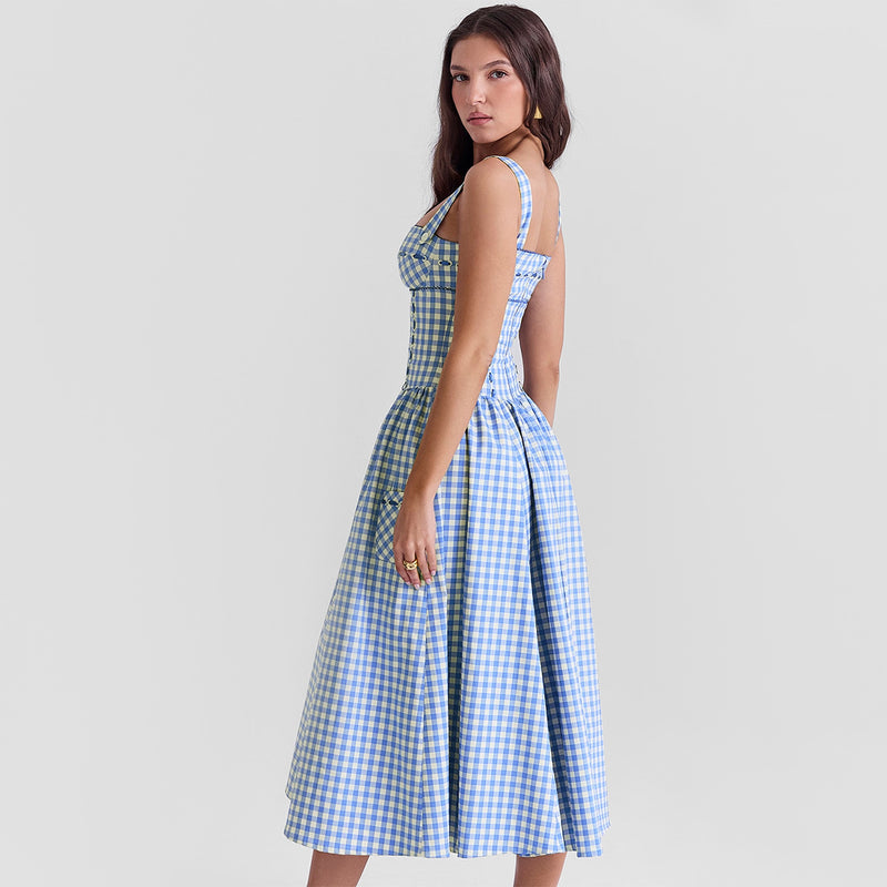 Sexy Pastoral Blue Plaid Sling Midi Dress XS / Blue - ENCHANTE VOGUE