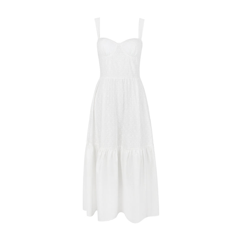 Sexy Cami Cotton Linen Jacquard Midi Dress S / White - ENCHANTE VOGUE