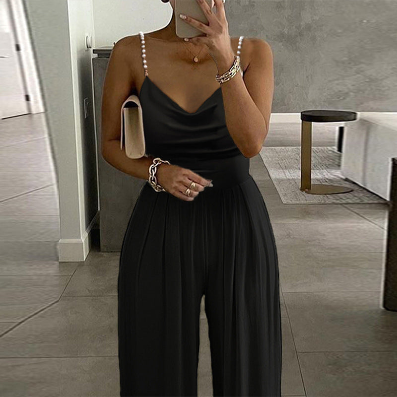 Pearl Suspender Wide Leg Sleeveless Jumpsuit S / Black - ENCHANTE VOGUE