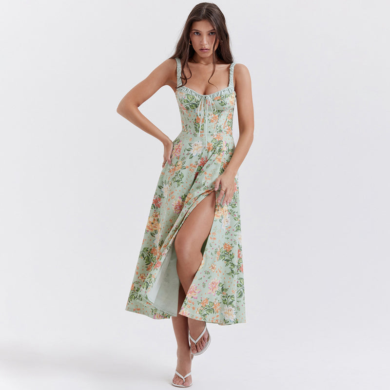 Floral Slip Slit Midi Dress XS / Green - ENCHANTE VOGUE