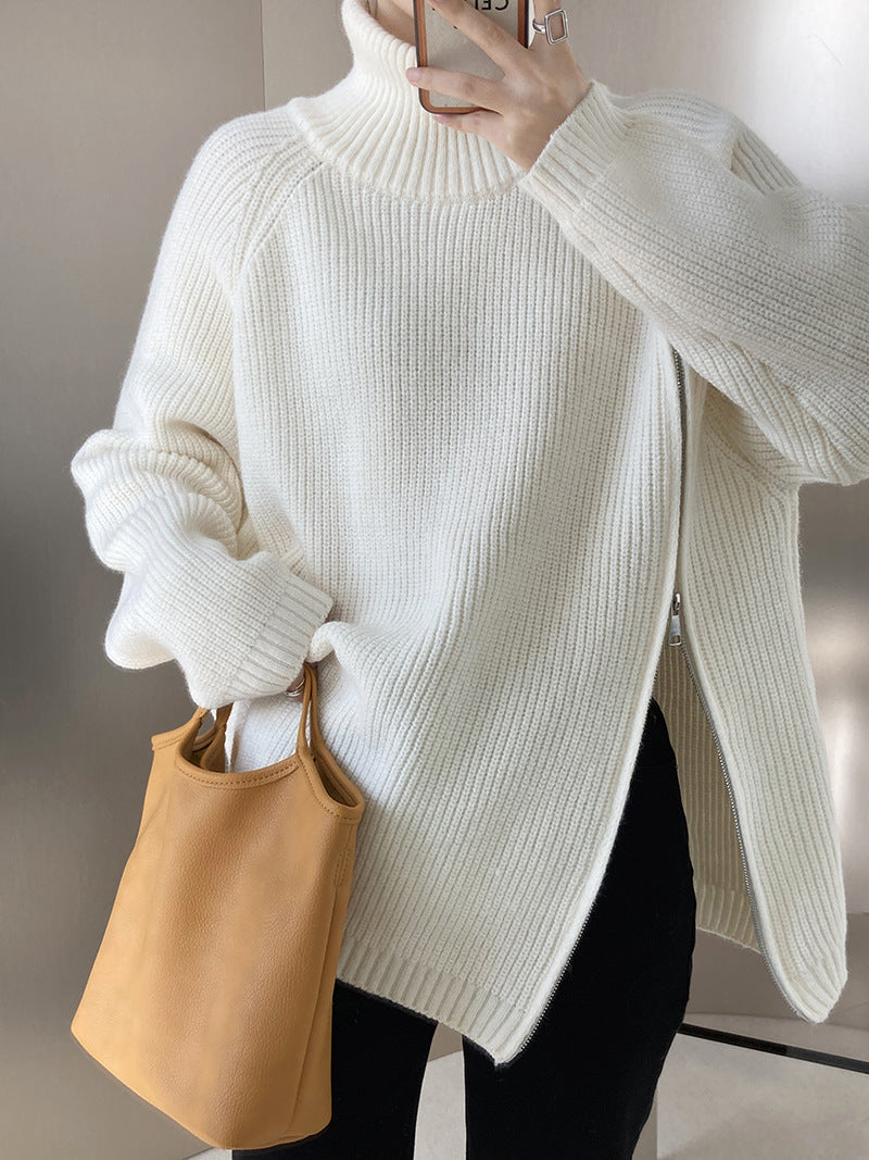 Oblique Zipper Turtleneck Sweaters One Size / Ivory - ENCHANTE VOGUE