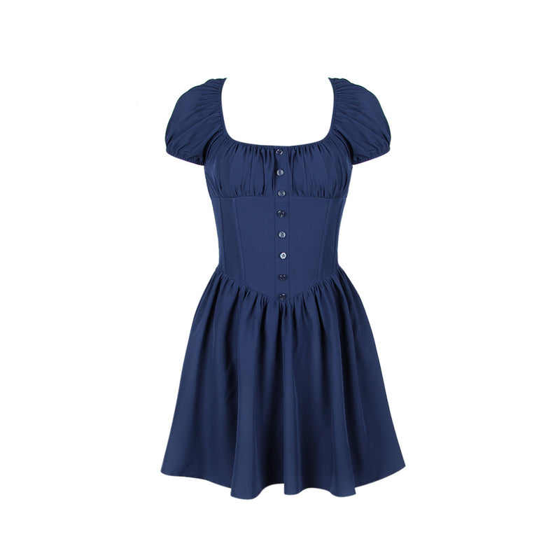 Boning Corset Slim Fit Puff Sleeve Mini Dress XS / Navy Blue - ENCHANTE VOGUE