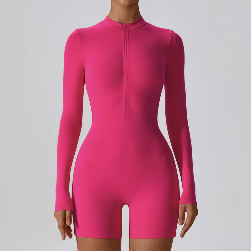 Open Collar Long-Sleeve Zipper One-Piece Romper S / Pitaya Color - ENCHANTE VOGUE