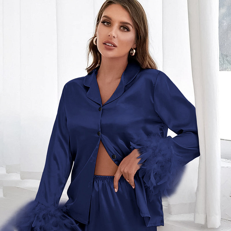 Thin Satin Silk Feather Loungewear S / Dark Blue - ENCHANTE VOGUE