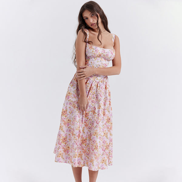 Square Collar Slim Fit Floral Midi Dress XS / Pink - ENCHANTE VOGUE