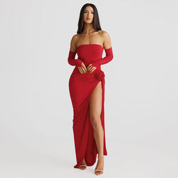 Oversleeve Tube Top Jumpsuit Slit Skirt Set S / Red - ENCHANTE VOGUE