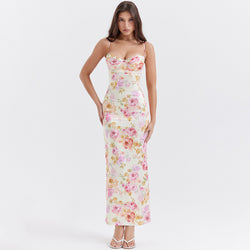 Printed Strap Slit Floral Maxi Dress XS / Ivory - ENCHANTE VOGUE