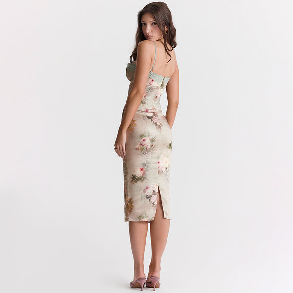 Backless Sheath Printed Midi Dress XS / Multi - ENCHANTE VOGUE