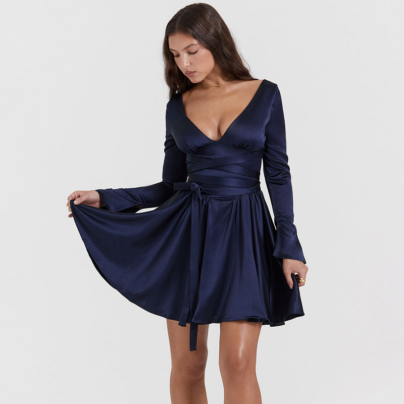 V Neck Tight Waist Long Sleeve Mini Dress XS / Navy Blue - ENCHANTE VOGUE