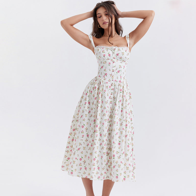 Sexy Sling Floral Slim Fit Midi Dress XS / Rose - ENCHANTE VOGUE