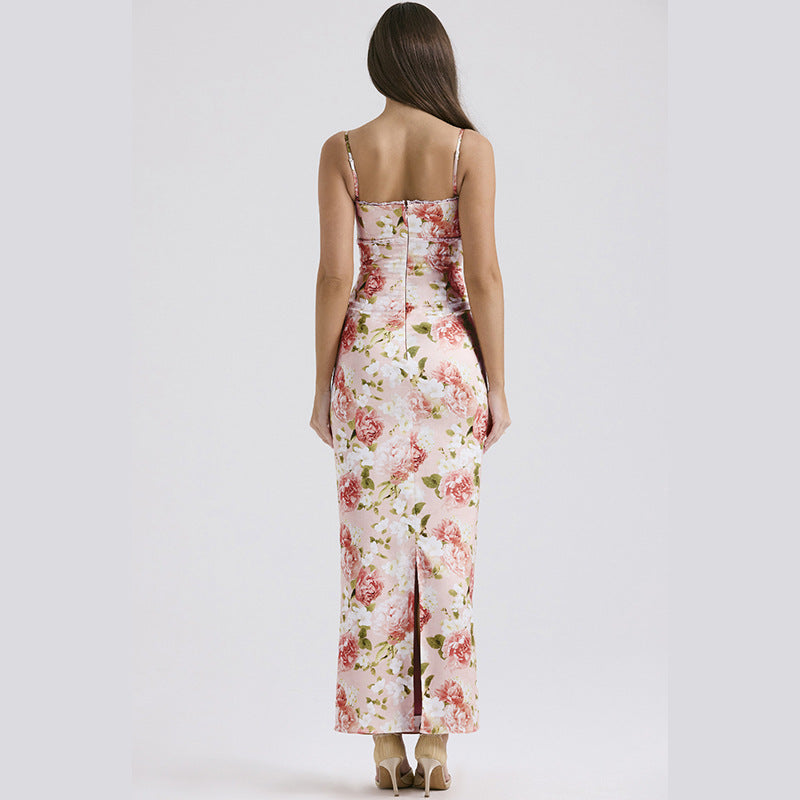 Elegant Printed Lace Cami Maxi Dress S / Pink - ENCHANTE VOGUE