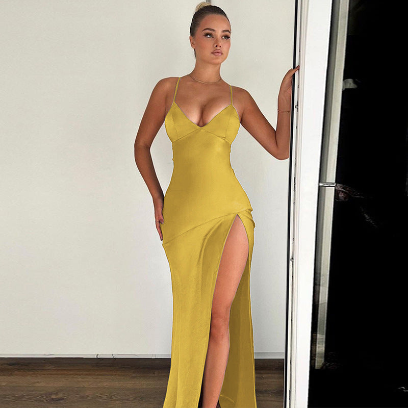 Sexy V neck Backless Self Tie Slit Dress S / Yellow - ENCHANTE VOGUE