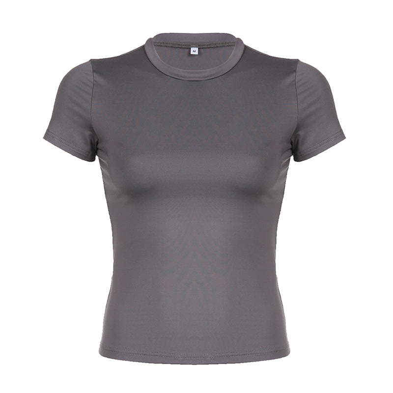 Casual Round Neck Slim Fit Short Sleeved Top S / Gray - ENCHANTE VOGUE