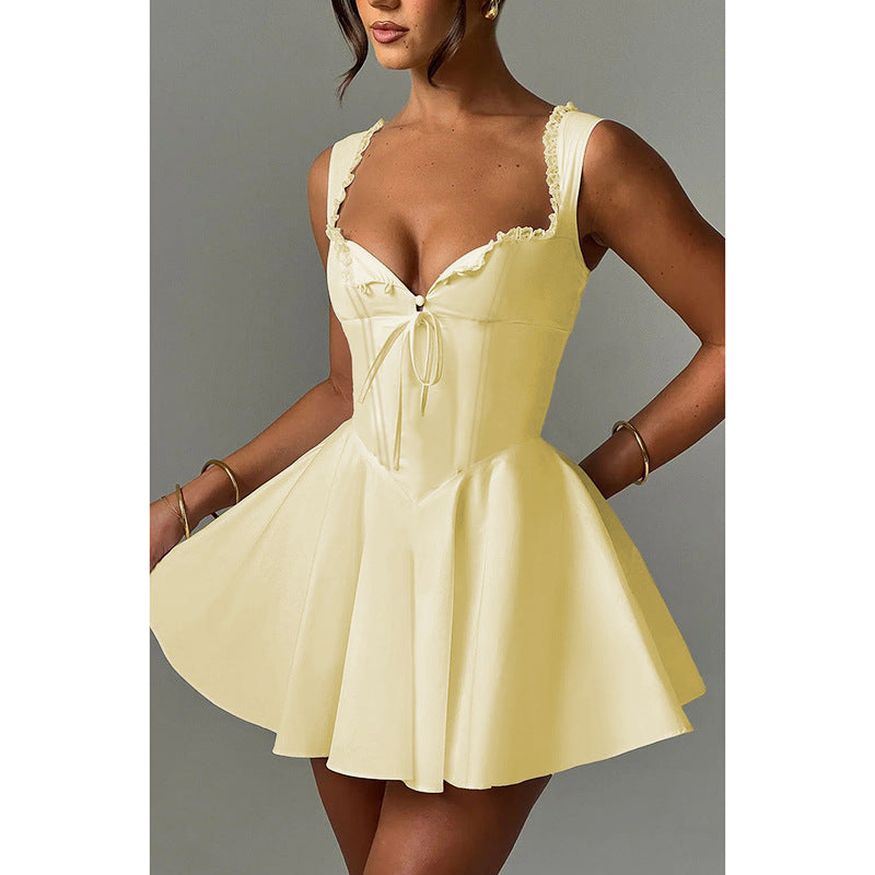 Elegant Hip Bow Mini Dress S / Yellow - ENCHANTE VOGUE