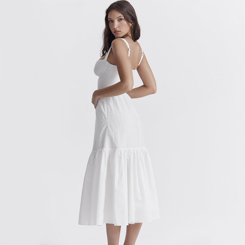 Sexy Cami Cotton Linen Jacquard Midi Dress S / White - ENCHANTE VOGUE