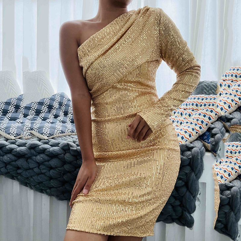 One Shoulder Sequin Midi Dress S / Yellow Gold - ENCHANTE VOGUE