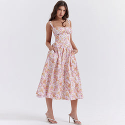 Square Collar Slim Fit Floral Midi Dress XS / Pink - ENCHANTE VOGUE