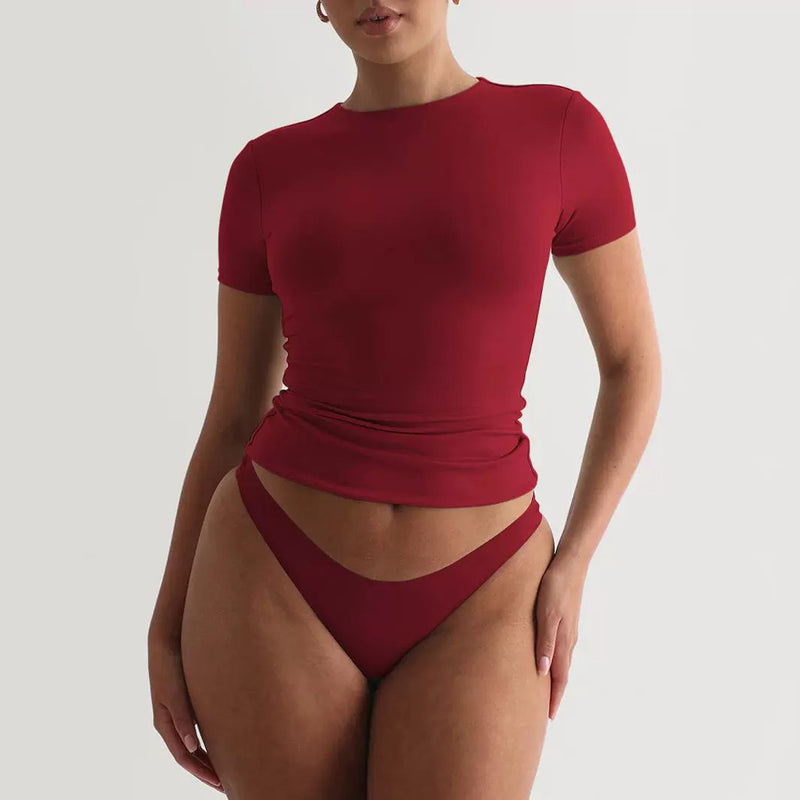 Short Sleeved Slim Fit Sexy Top S / Wine Red - ENCHANTE VOGUE