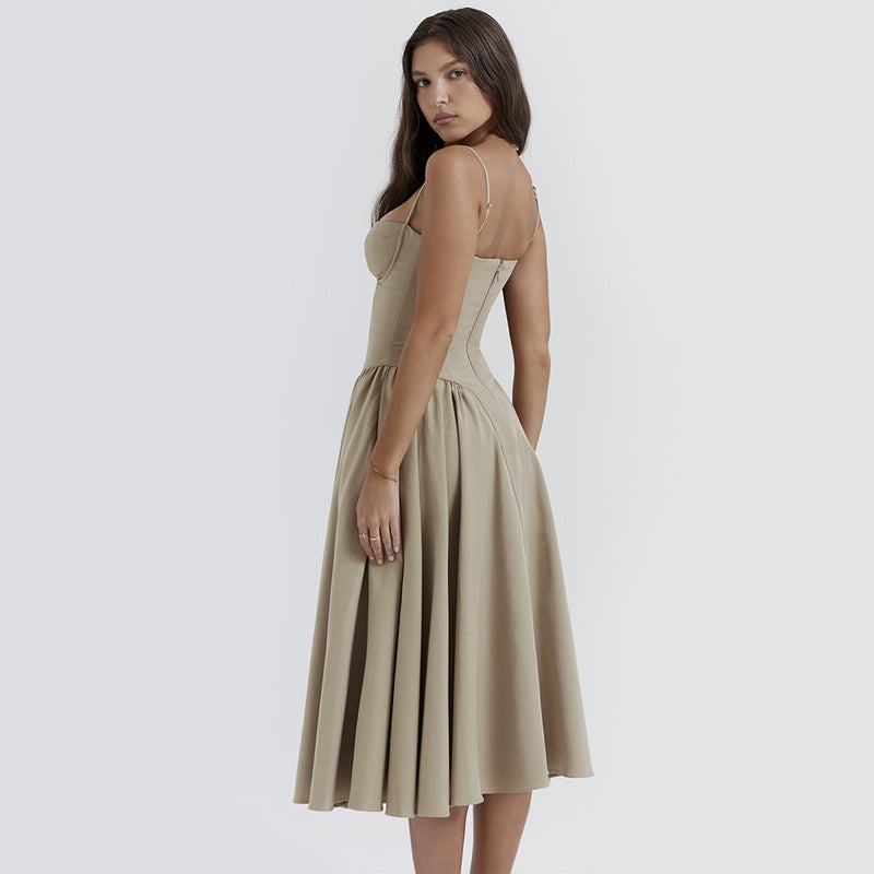 V Neck Strap Waist Tight Slim Fit Midi Dress XS / Khaki - ENCHANTE VOGUE